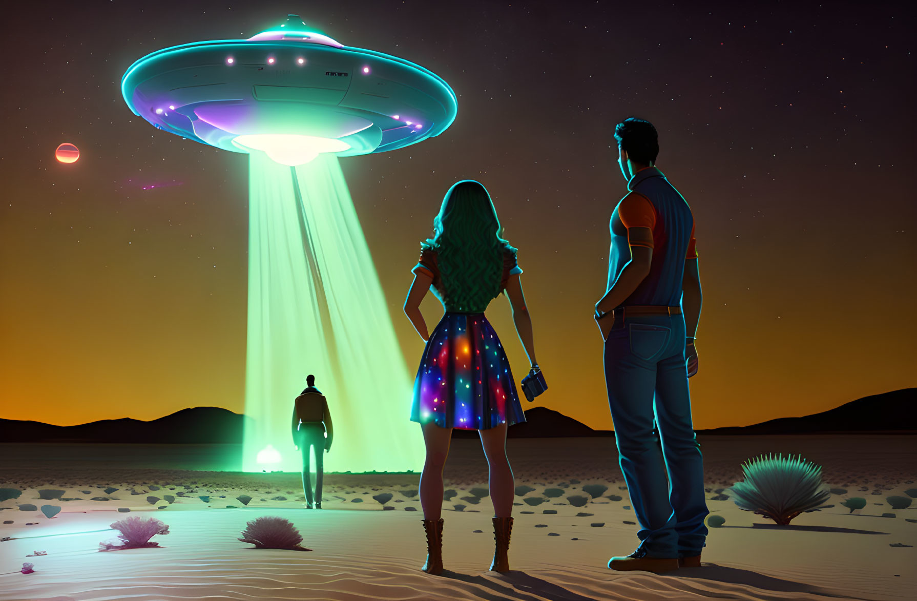 Couple watching UFO abduction in desert at night