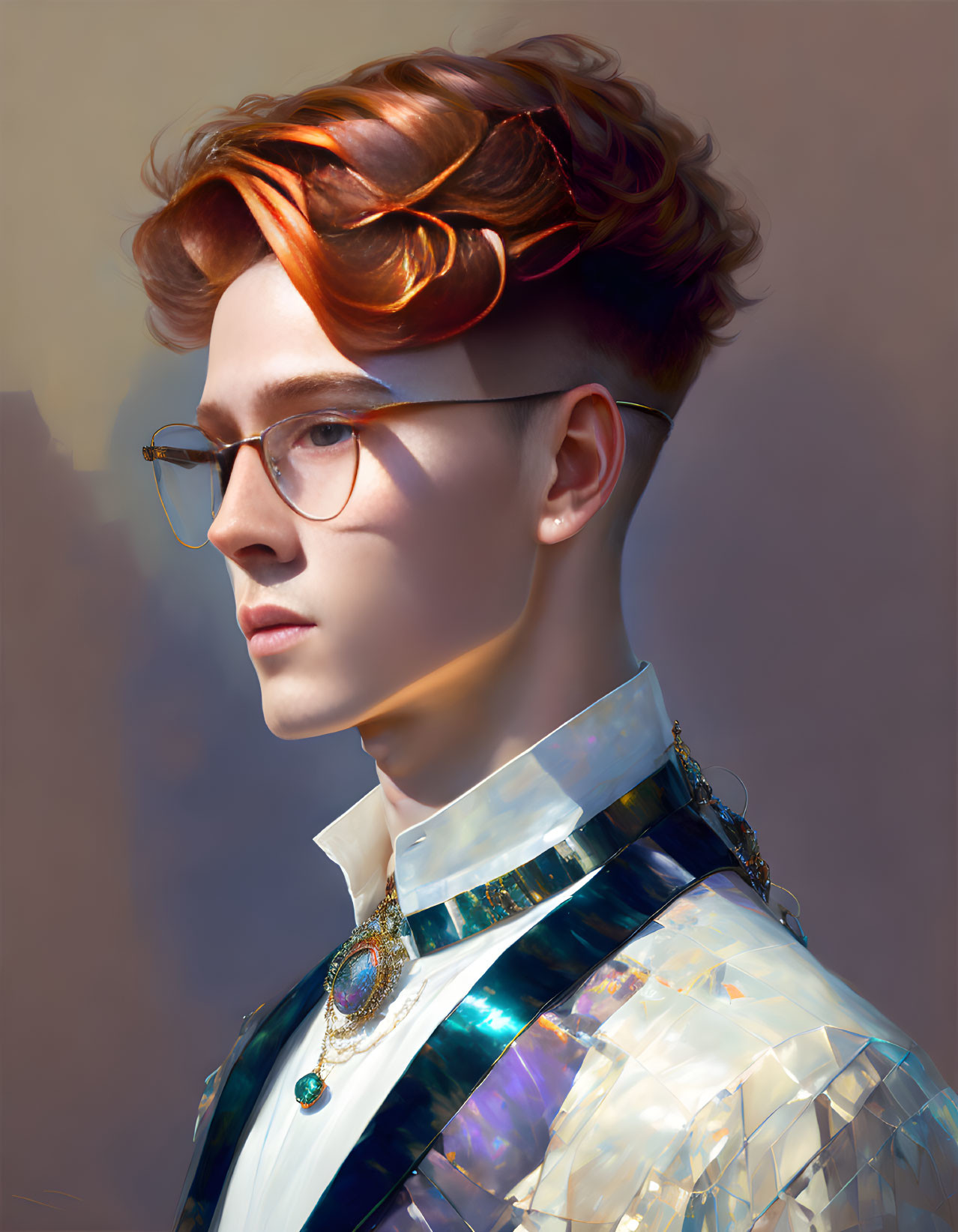 Stylish Portrait: Wavy Red Hair, Glasses, Geometric Outfit & Gemstone Necklace