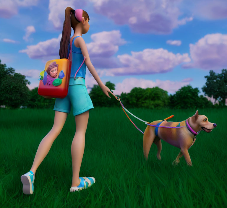 Girl with ponytail walking dog in grassy field