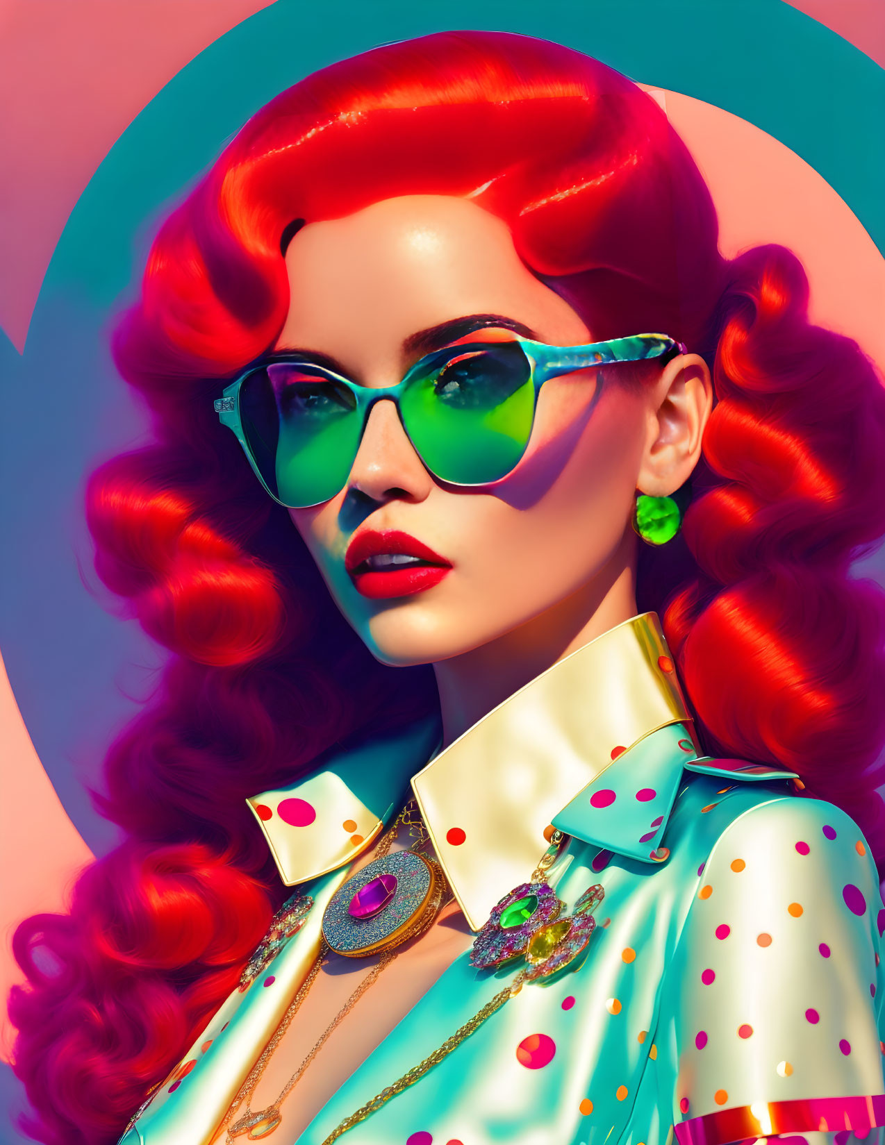 Vibrant red-haired woman in retro fashion against pink and blue backdrop