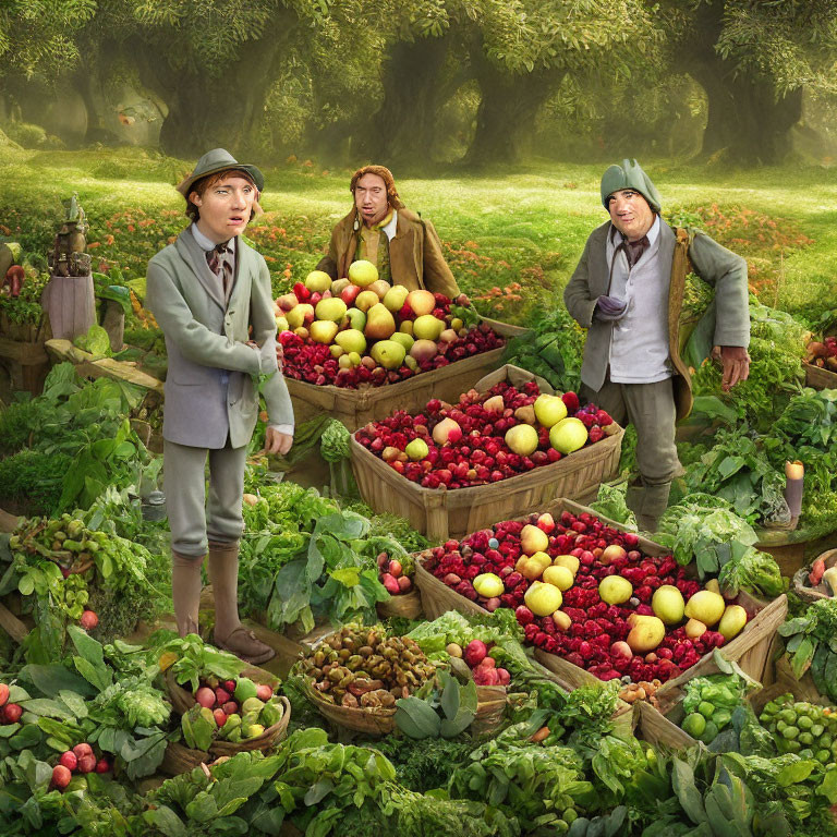 Three individuals sorting apples in lush orchard setting.