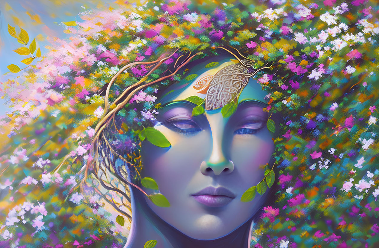 Surreal portrait with vibrant flowers and leaves intertwined