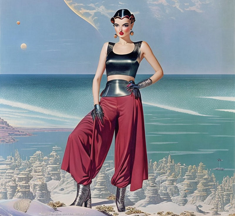 Stylized image of woman in futuristic attire against fantasy cityscape