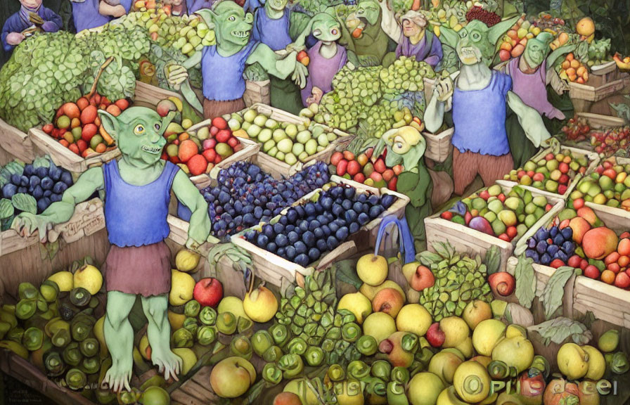 Fantasy illustration: goblin creatures sell colorful fruits