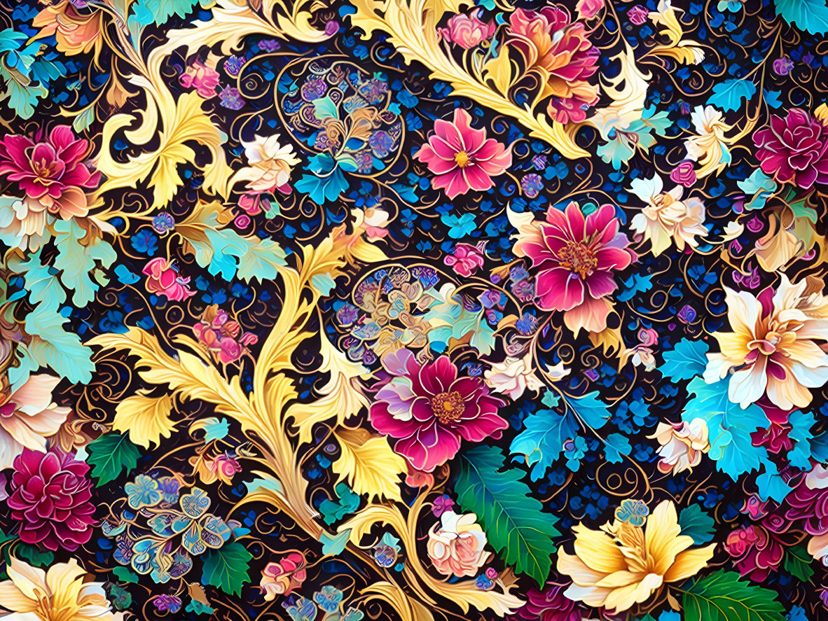 Floral pattern with gold accents on dark background