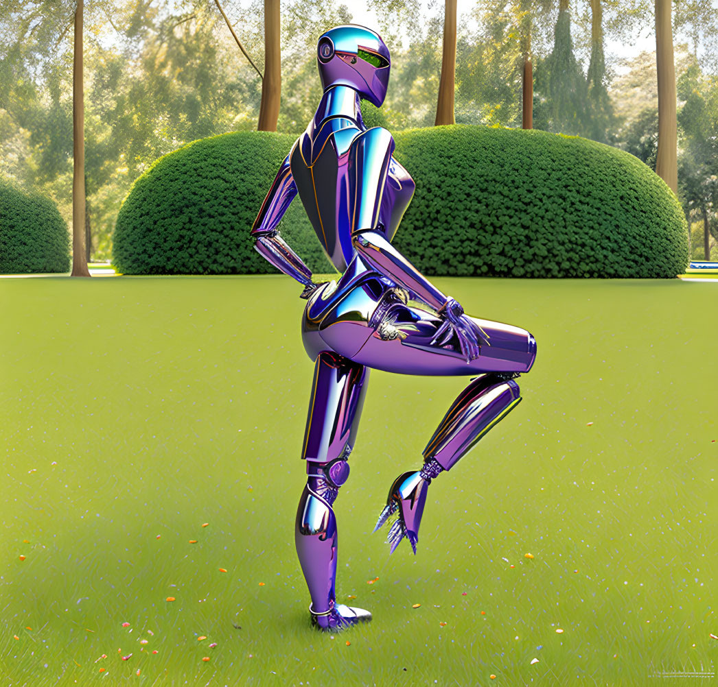 Purple humanoid robot with visor in lush green park