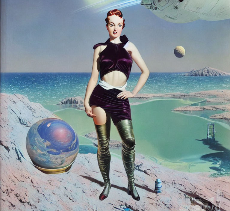 Vintage-style sci-fi illustration: Woman in futuristic attire with planets, spaceship, surreal landscape.