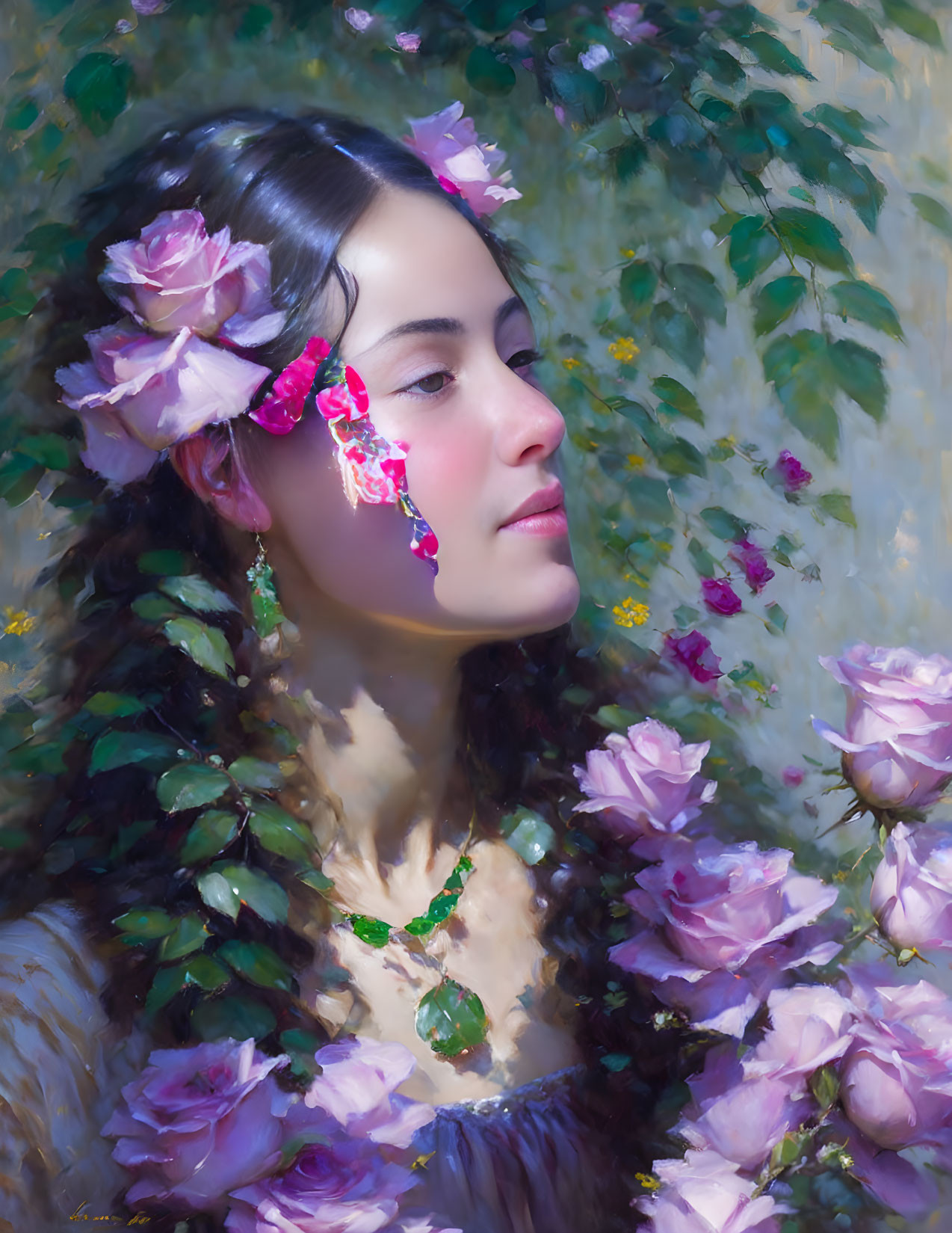 Young woman with flowers in hair and necklace in lush greenery.