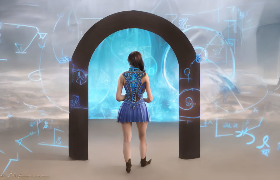 Figure in Blue Outfit Gazes at Mystical Archway with Swirling Blue Portal