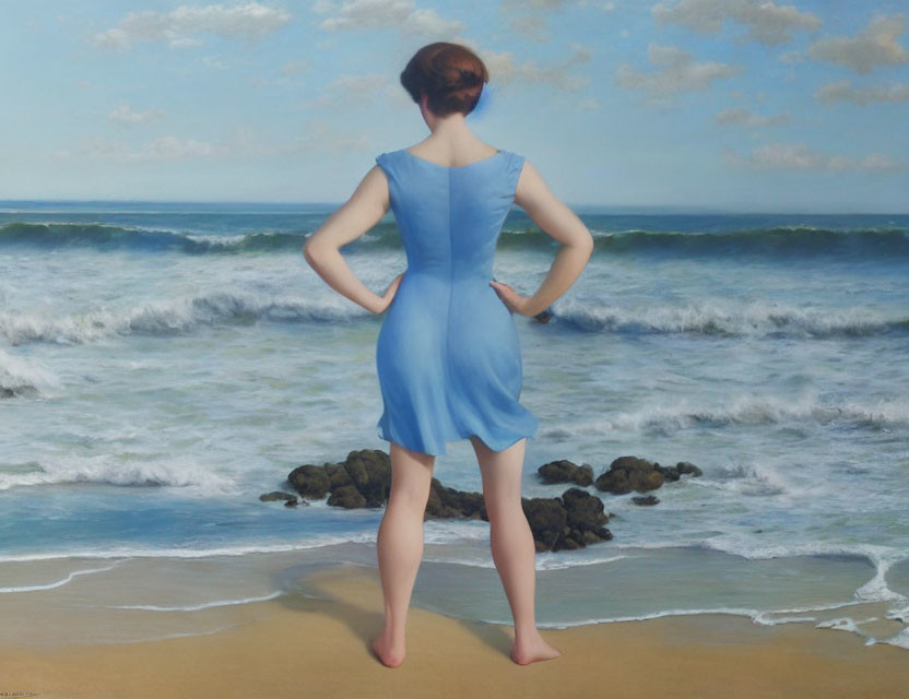 Woman in Blue Dress Standing on Beach, Gazing at Sea