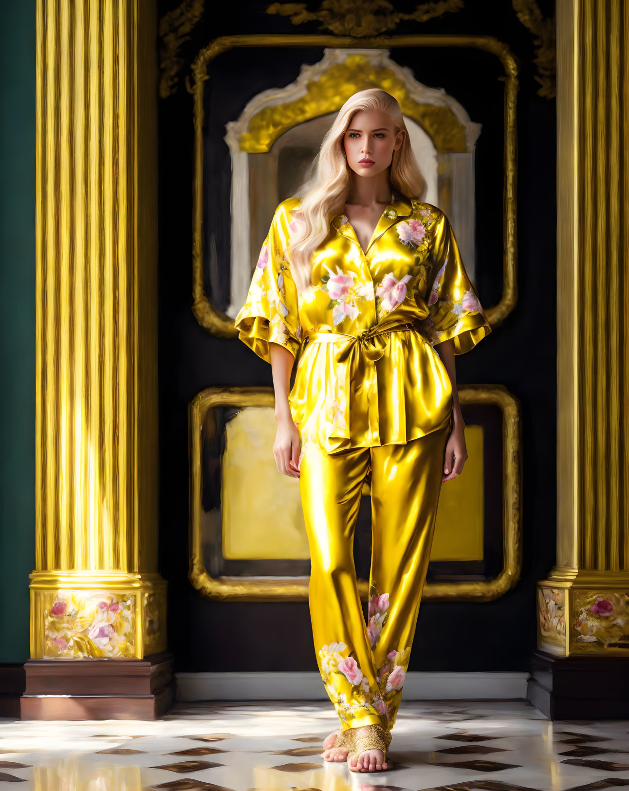 Opulent room with woman in yellow floral silk outfit