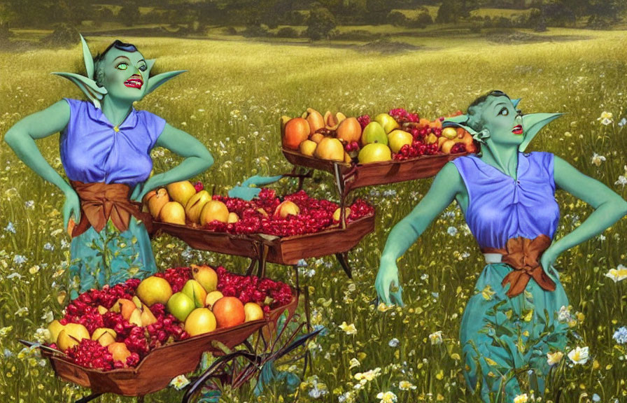 Green-Skinned Characters at Fruit Stands in Meadow