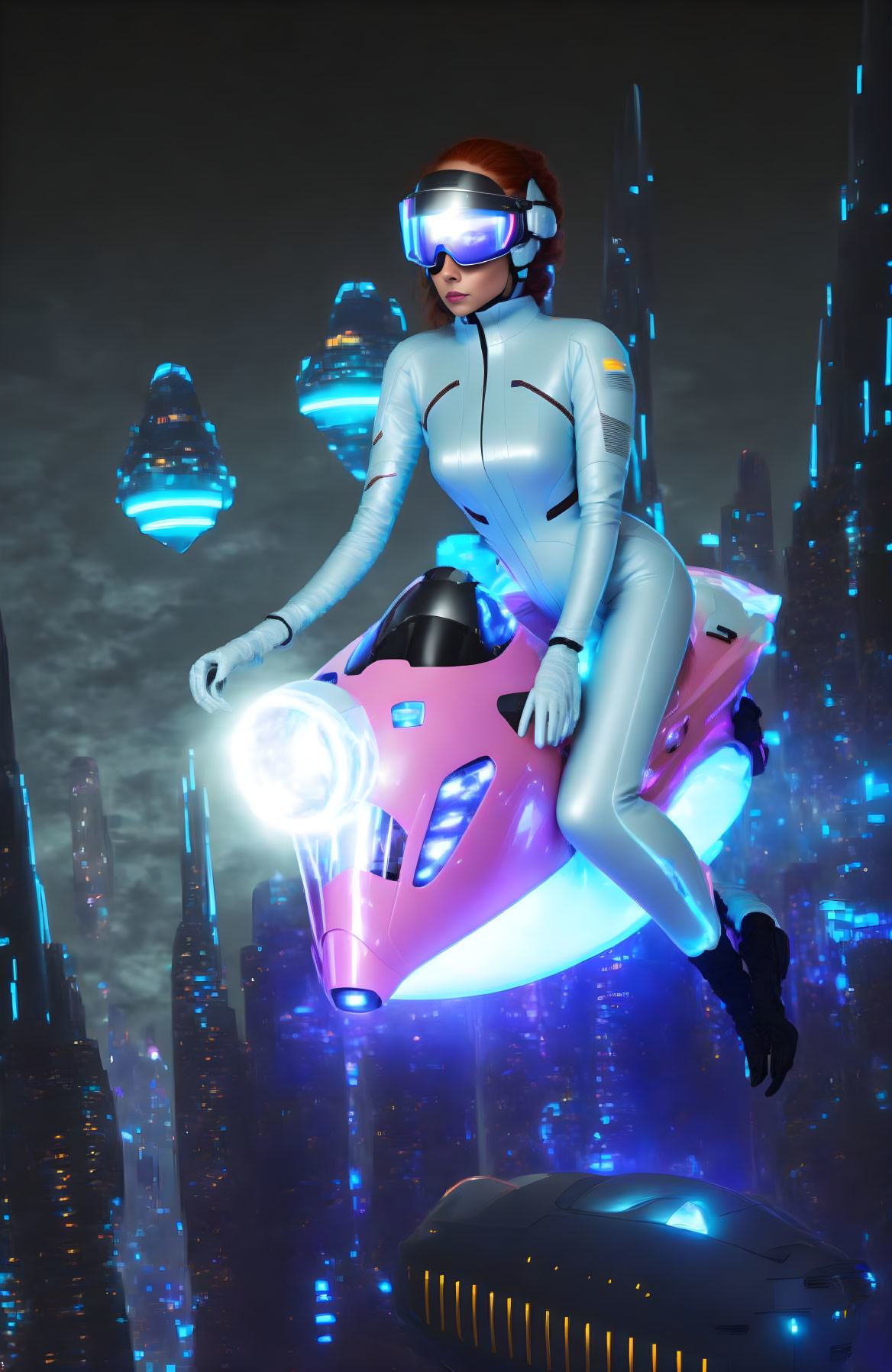 Futuristic female rider on neon-lit hoverbike in cityscape