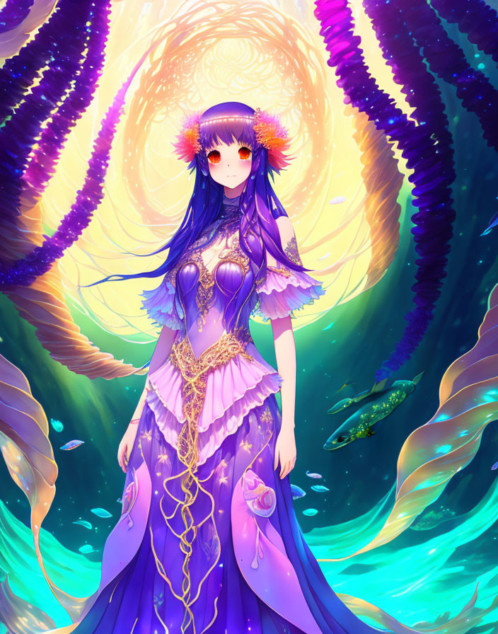 Colorful illustration: Girl with purple hair in flowing dress surrounded by magical swirl of colors and fish