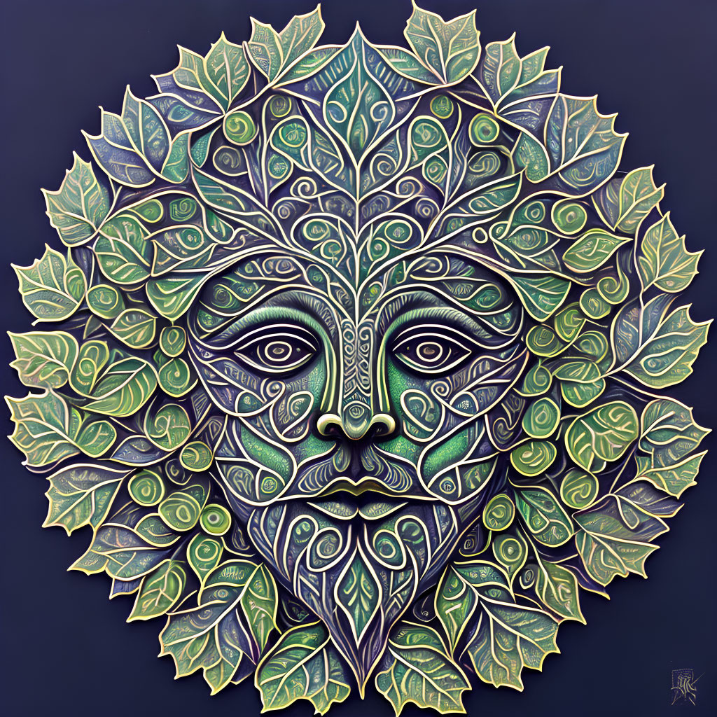 Stylized green man's face with leaf patterns on dark background