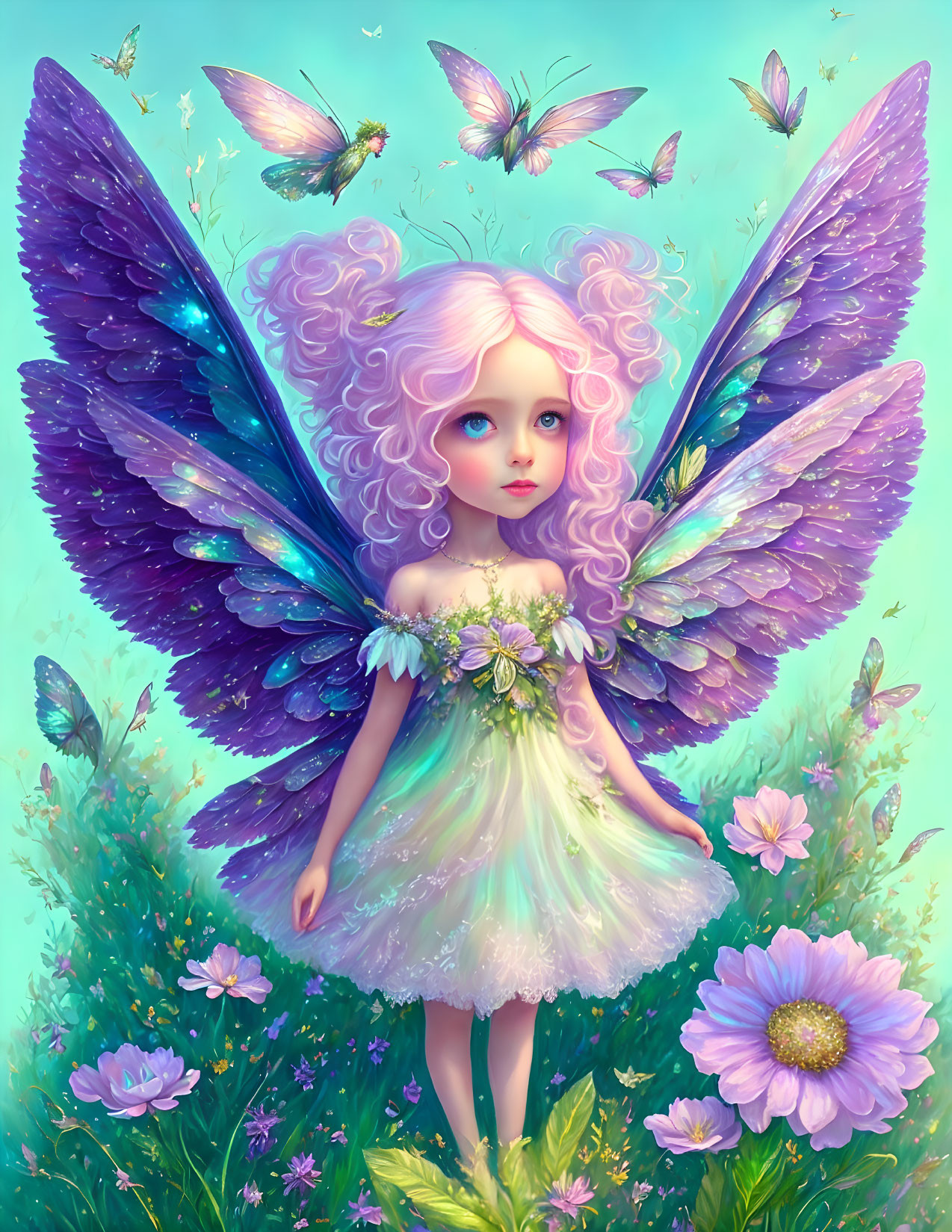 Illustrated fairy with purple wings, butterflies, flowers on blue background