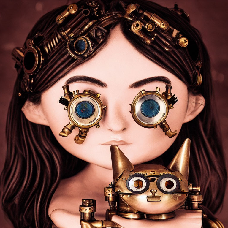 Steampunk-themed woman holding metallic cat figure with blue eyes