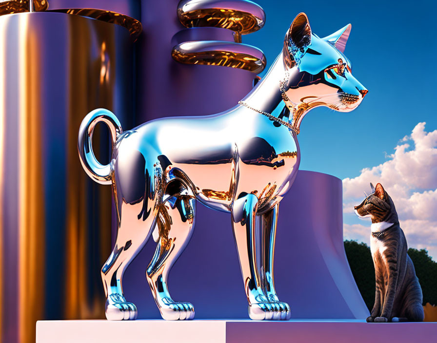 Large Metallic Cat Sculpture with Real Cat on Purple Background