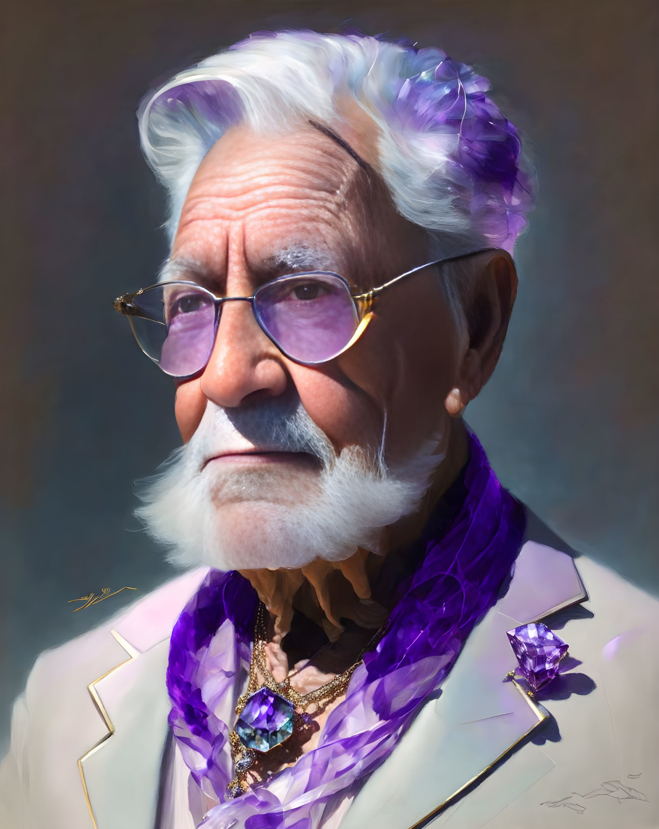 Elderly Gentleman in White Suit with Gold Glasses and Purple Scarf