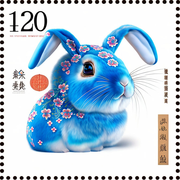 Blue Rabbit with Floral Patterns on 120 Nominal Value Chinese Postage Stamp