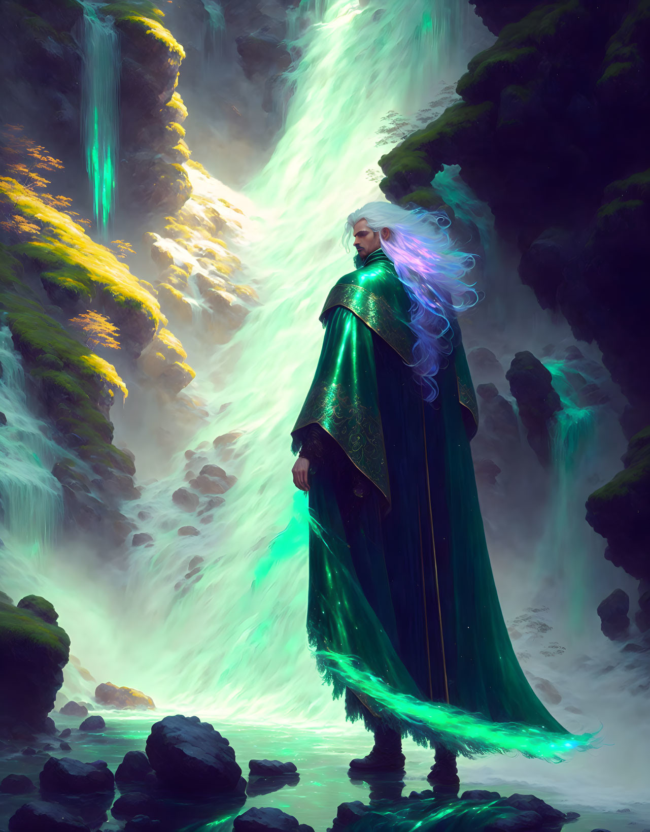 Long-haired figure in green cloak by illuminated waterfall