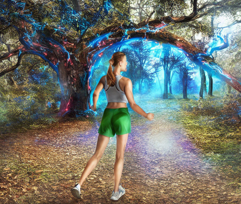 Woman jogging to glowing tree portal in enchanted forest