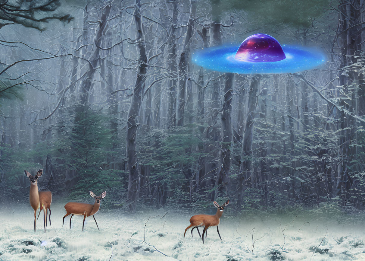 Misty forest scene with deer and glowing UFO