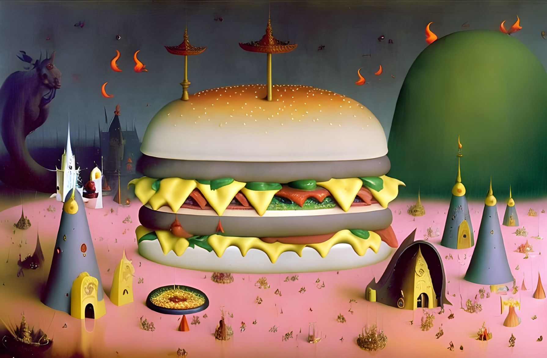 Surrealist painting of large hamburger in whimsical landscape