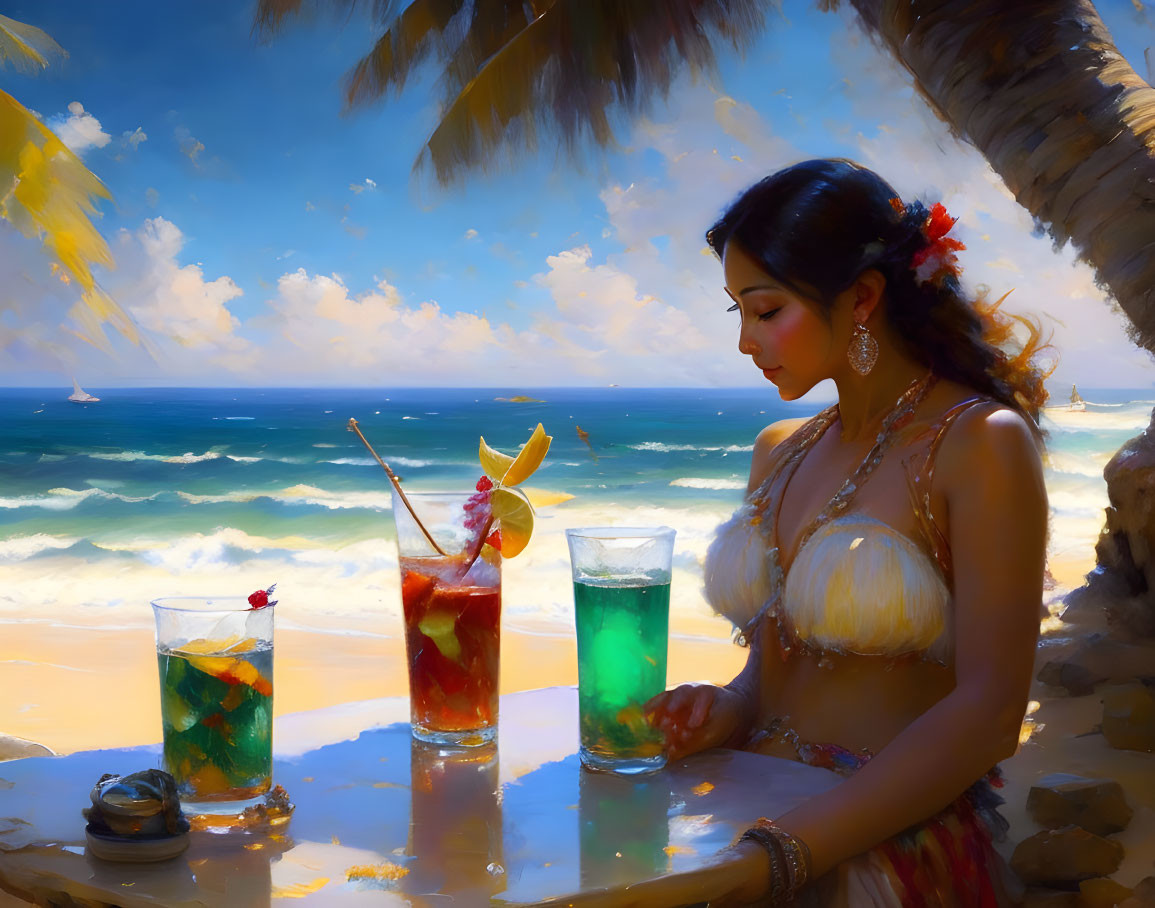 Woman at beachside bar with colorful drinks, gazing at serene ocean