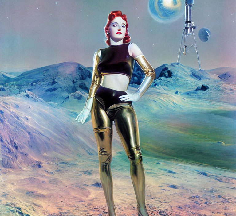 Futuristic woman in black and gold spacesuit poses against planetary landscape