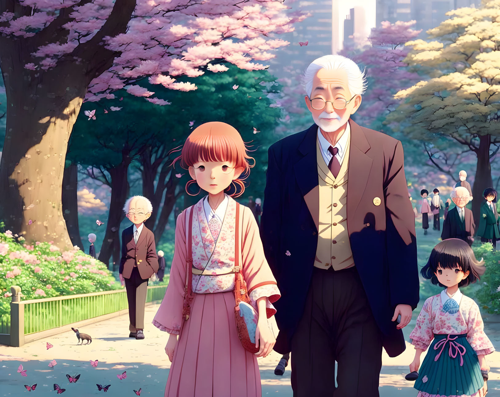 Young girl and elderly man walking in park with cherry blossoms.