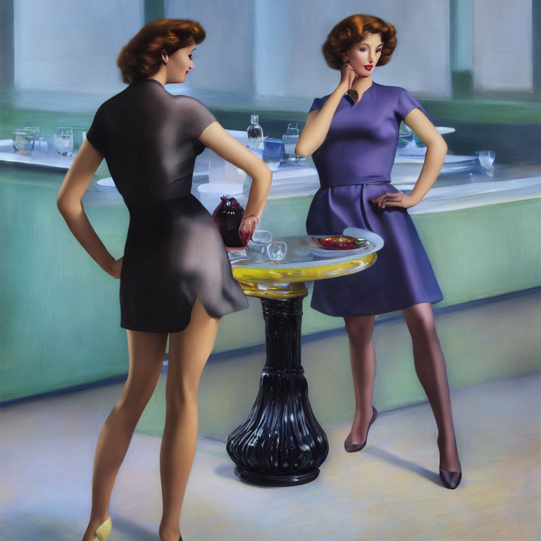 Two Elegant Women at Bar: One in Black Dress, Hands on Hips; Other in Purple Dress