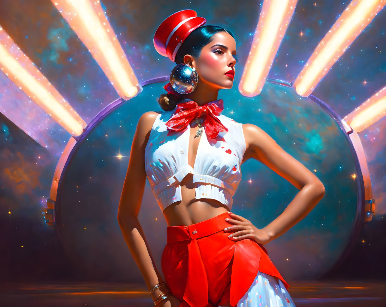 Stylish Woman in Retro-Futuristic Outfit with Neon-lit Circular Background