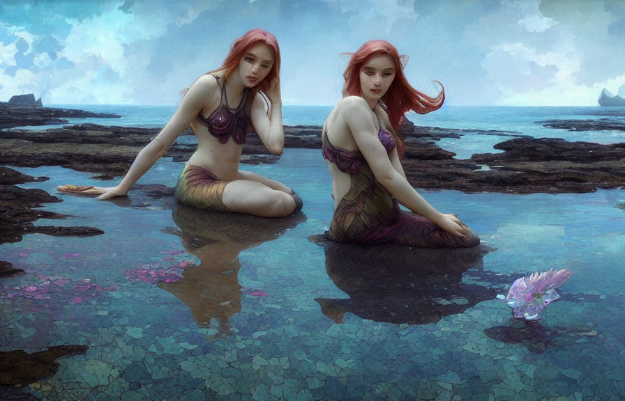 Red-haired mermaids in purple tops on ocean rocks in serene setting