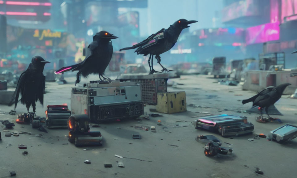 Three ravens perching on electronic devices in futuristic urban street with neon signs