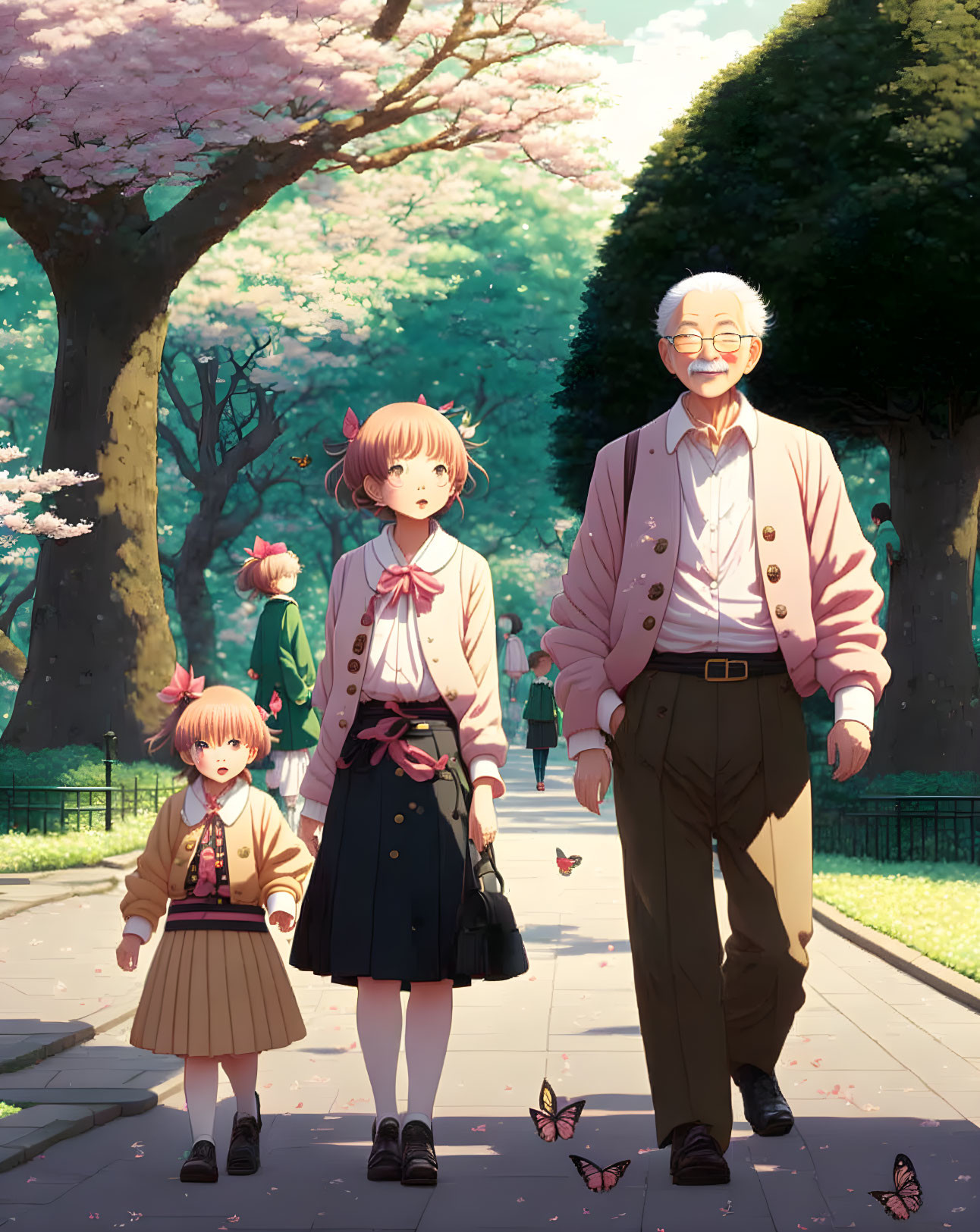 Elderly man and two girls in school uniforms walk among cherry trees