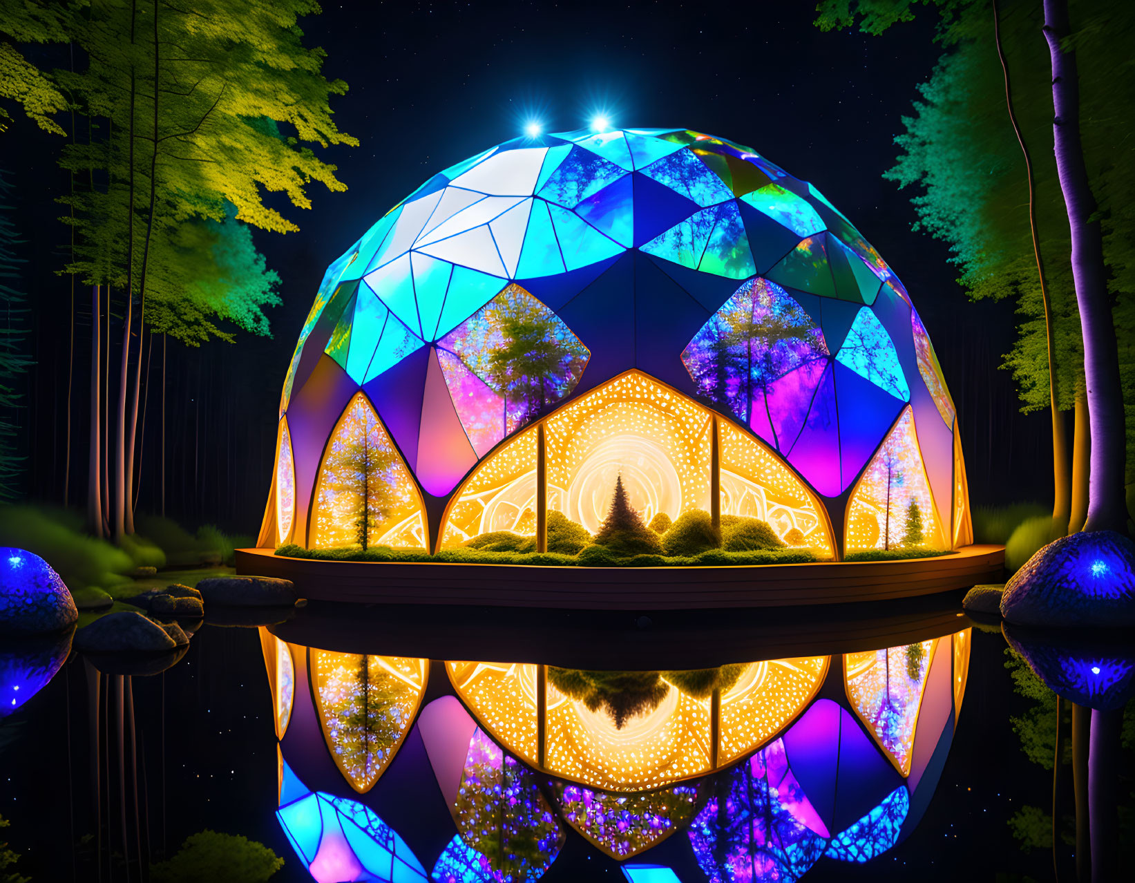 Vibrantly lit geodesic dome at night surrounded by trees and illuminated orbs.