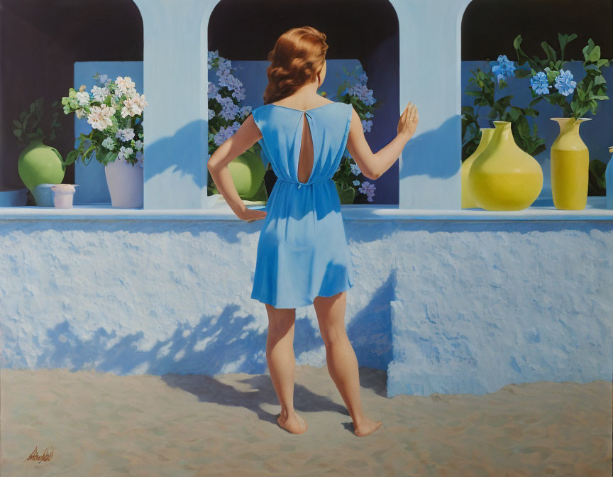 Woman in Blue Dress Standing on Porch Touching Sunlit Wall