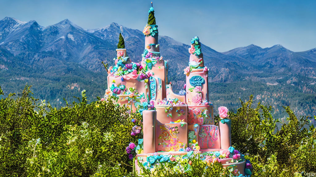 Colorful cake with pink icing against mountain backdrop