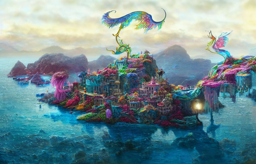 Colorful Seaside Landscape with Fantasy Structures and Bird