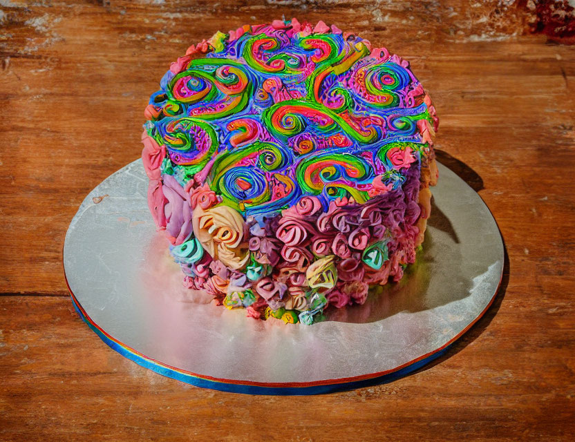 Vibrant Psychedelic-Patterned Cake with Pastel Flower Icings