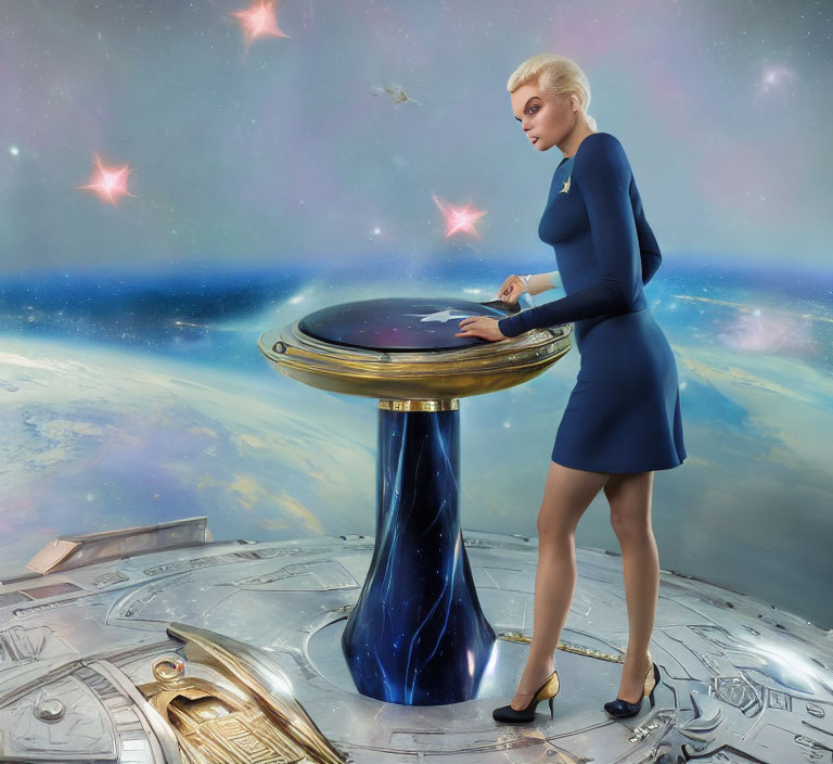 Woman in Blue Dress by Futuristic Pedestal in Cosmic Setting