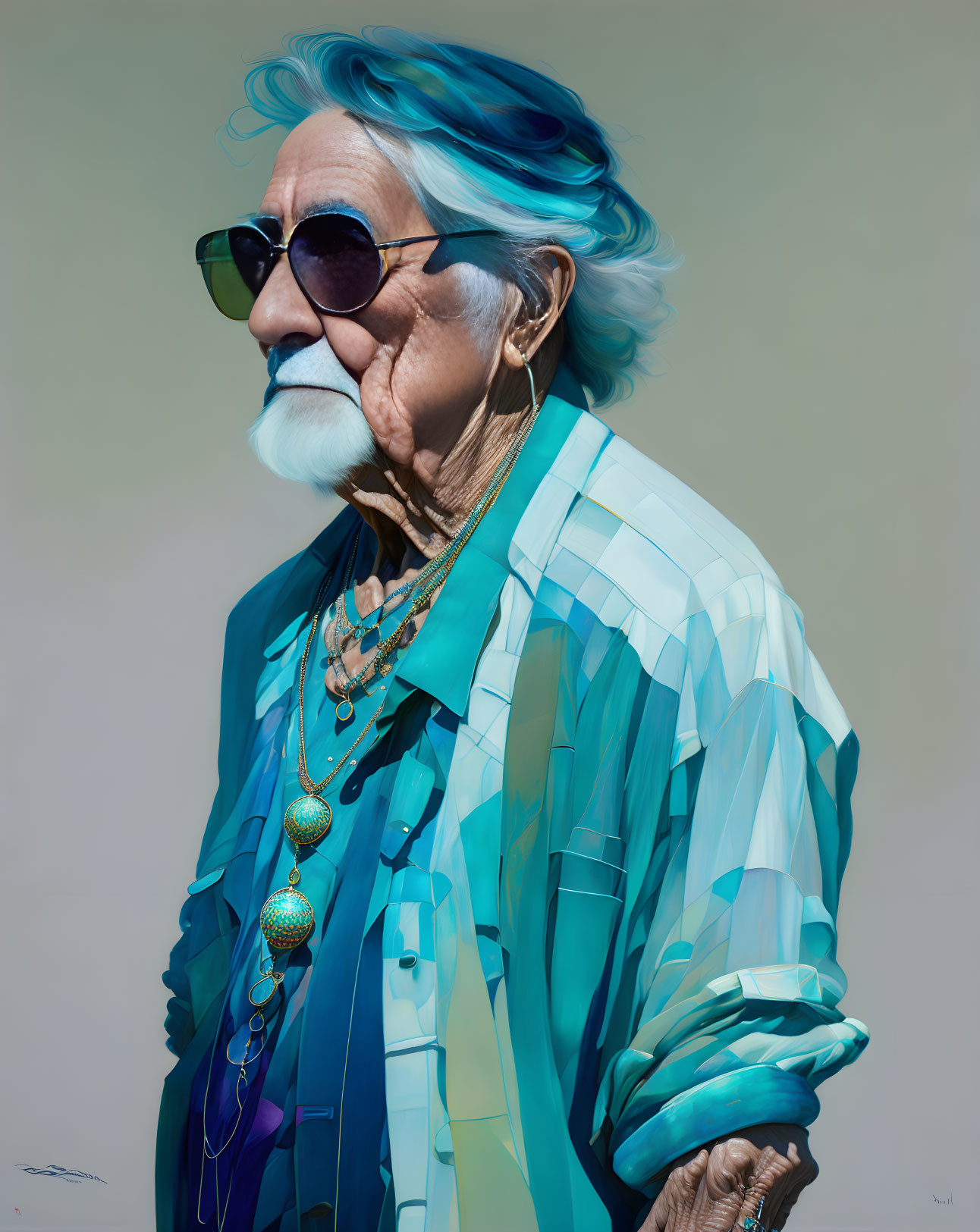 Elderly Person with Turquoise Hair and Sunglasses in Striped Shirt