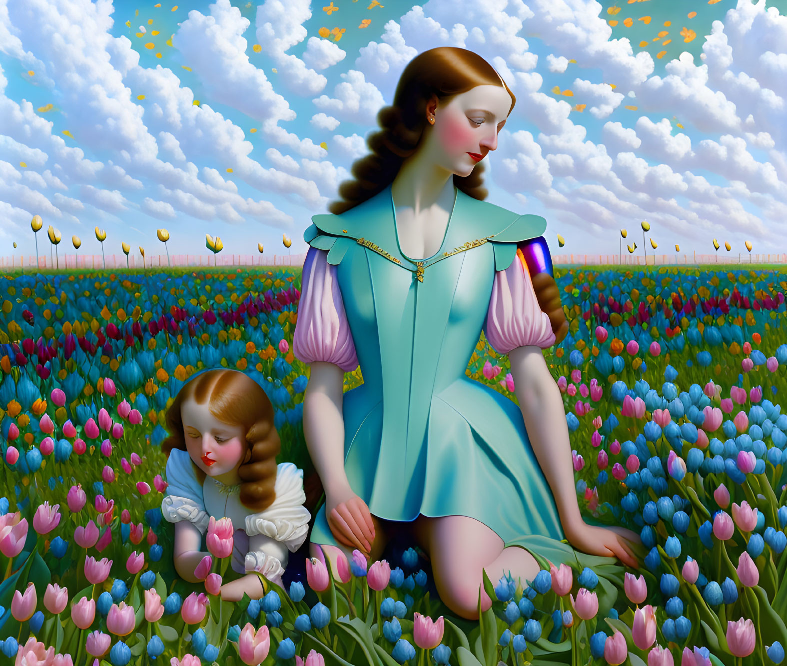 Two females in surreal tulip field with patterned sky; one older with eyes closed, the other