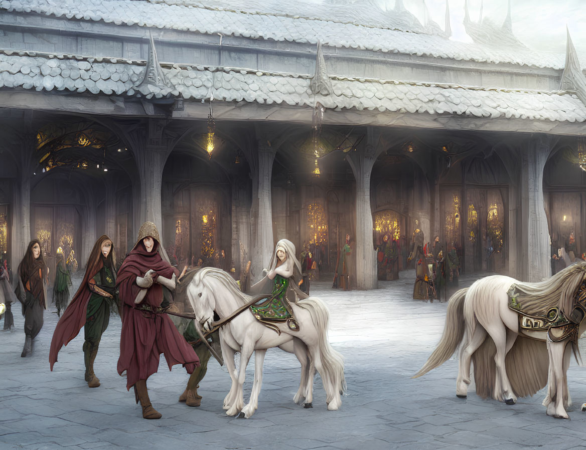 Medieval scene: People in capes lead white horses through snow-covered courtyard.