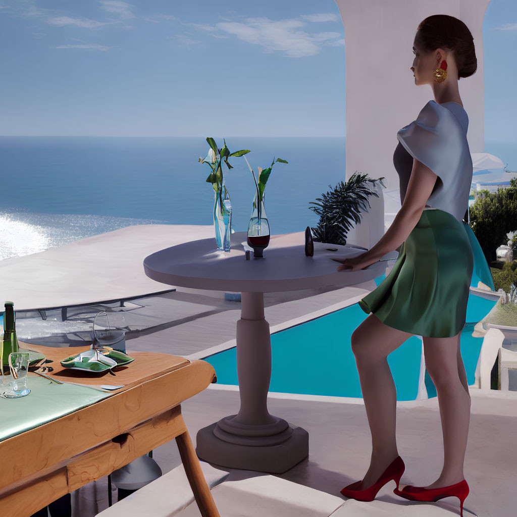 Fashionable woman at outdoor bar with ocean view.