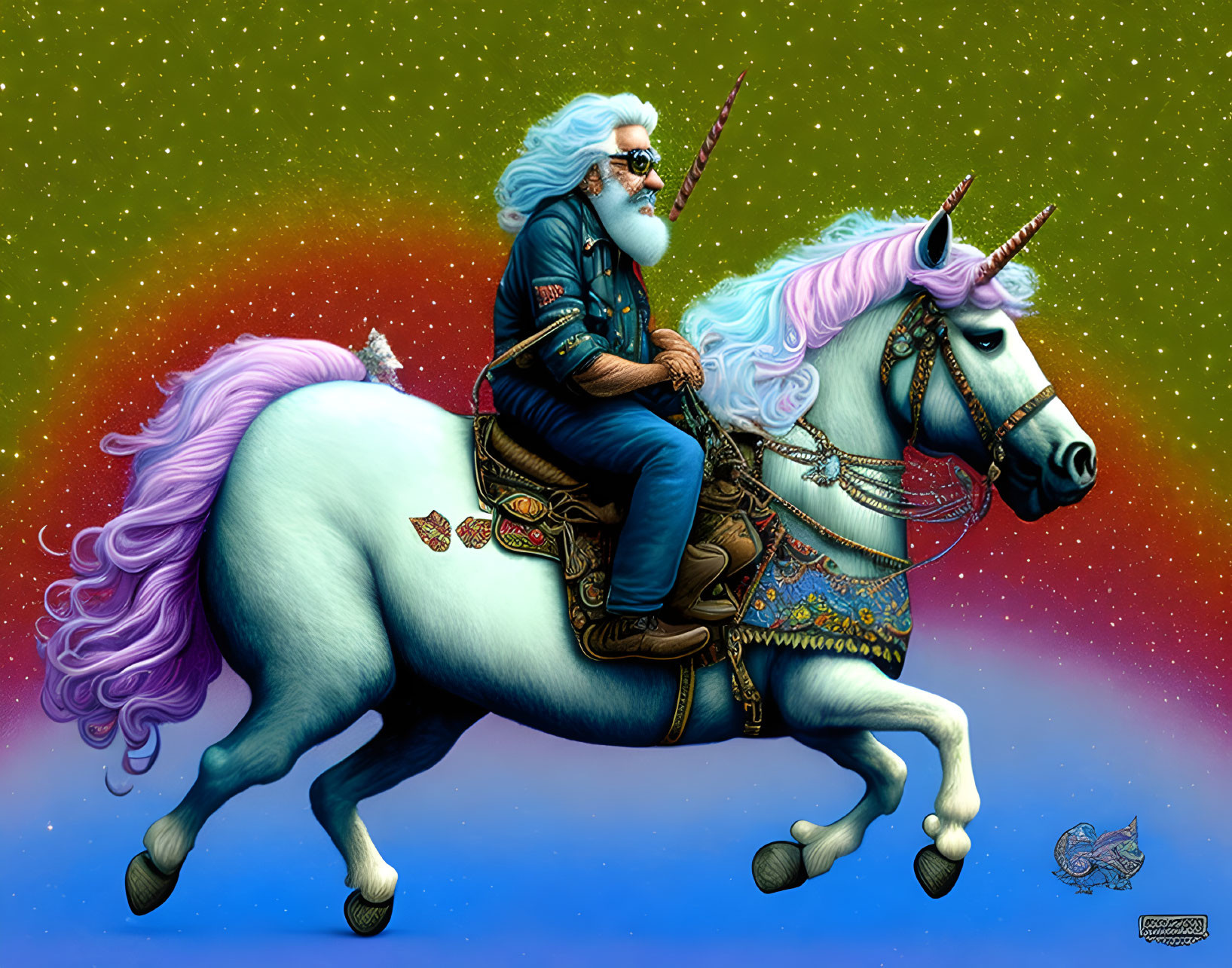 Elderly man on unicorn with purple mane in starry scene