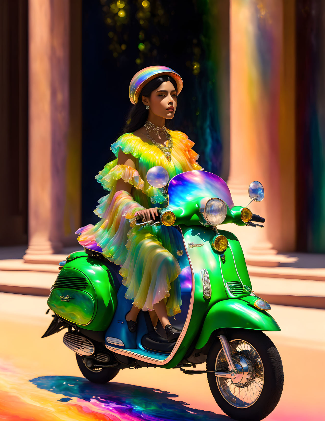 Colorful Woman on Green Scooter with Rainbow Background