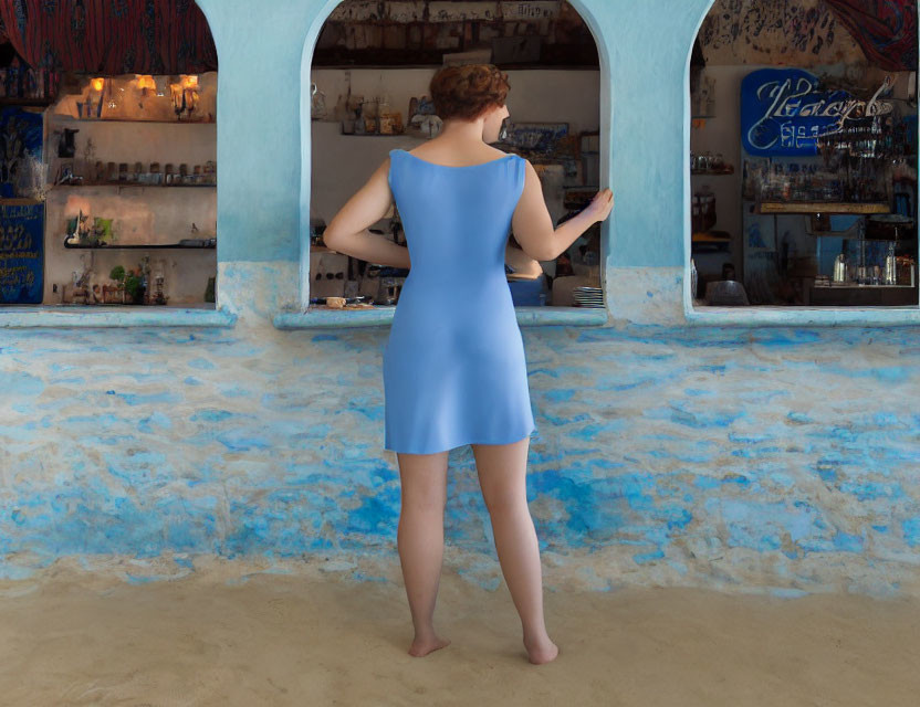 Woman in Blue Dress Standing at Beachfront Bar Counter