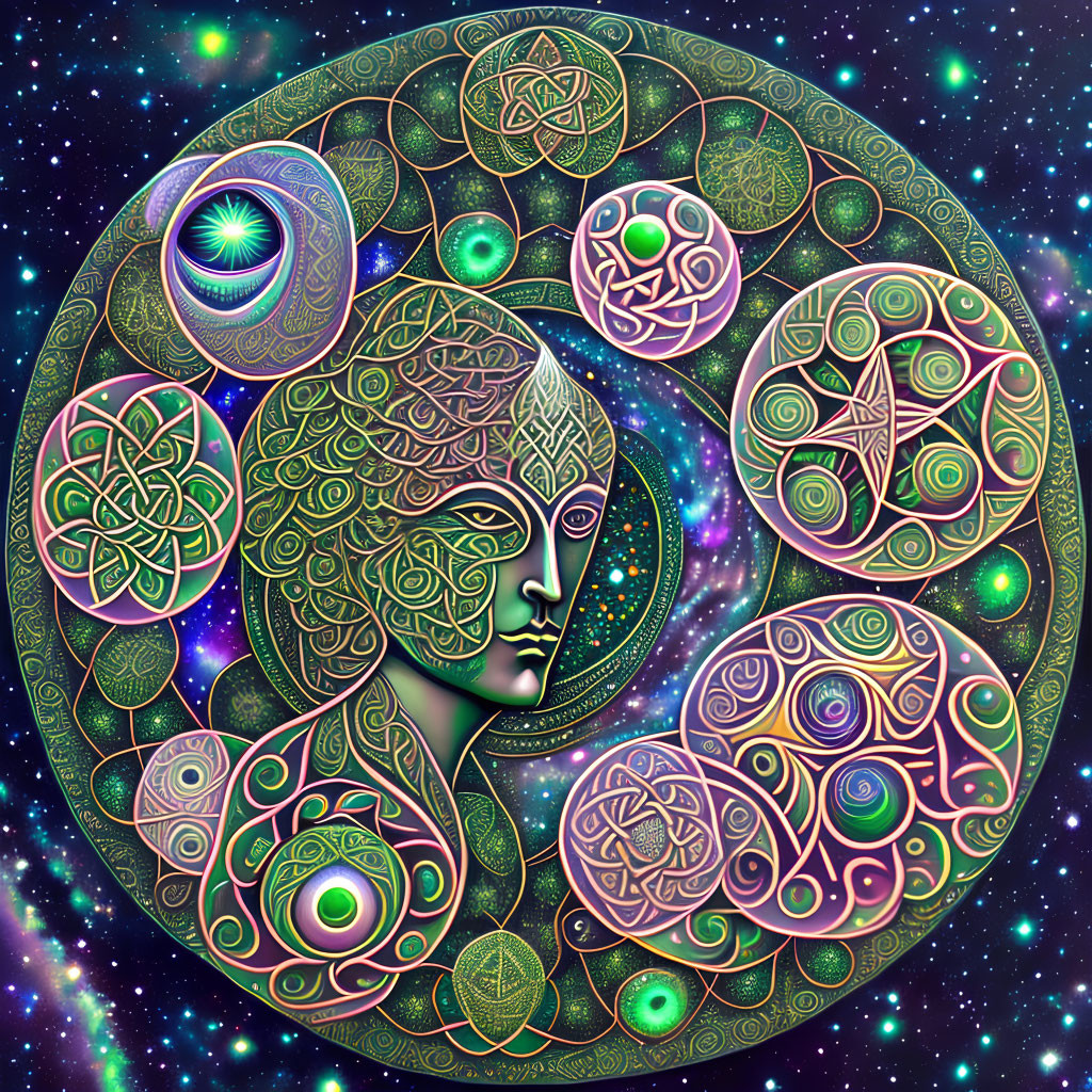 Cosmic-themed digital art with intricate patterns and celestial motifs